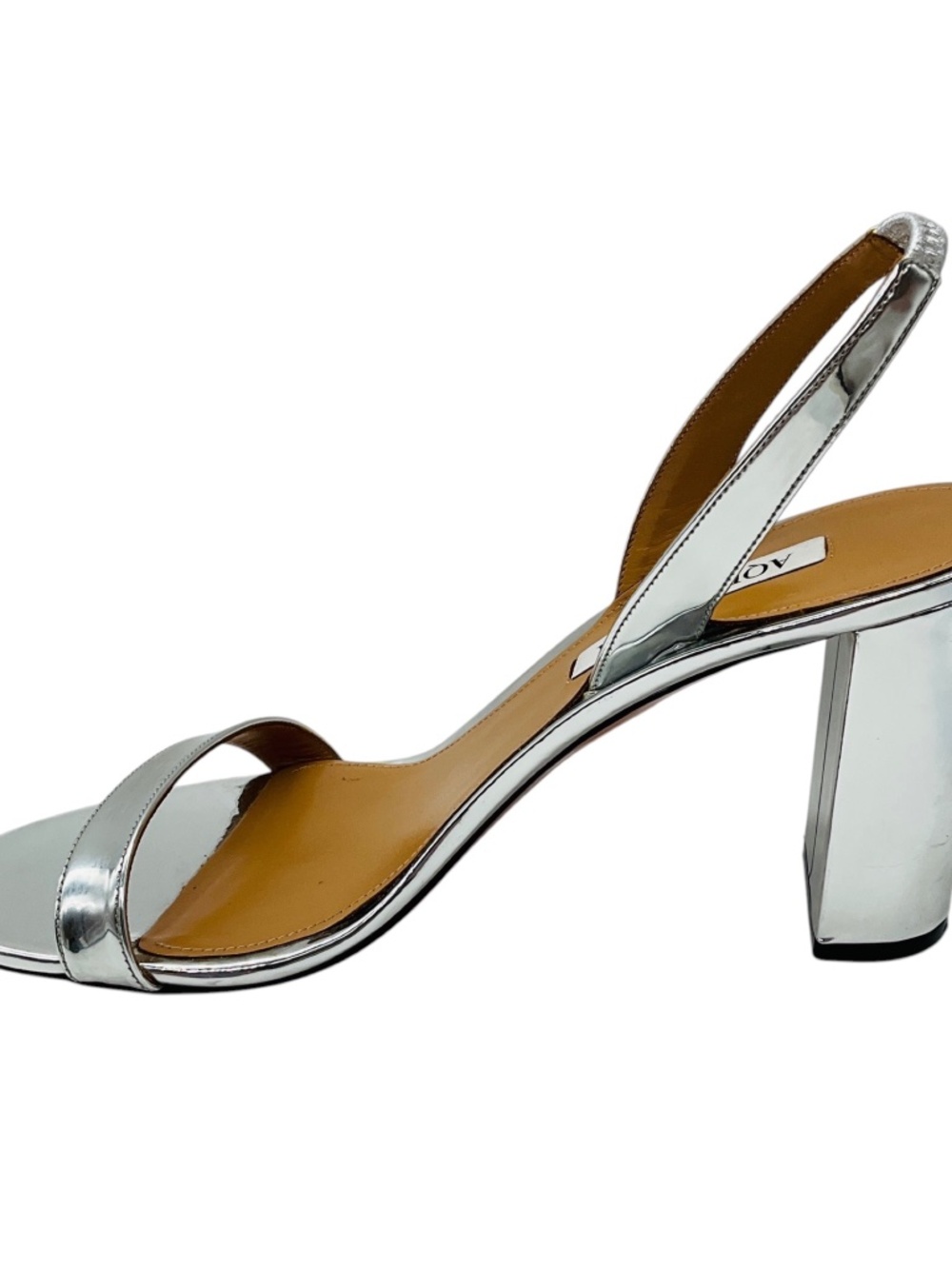 AQUAZZURA SILVER METALLIC SHINY LEATHER SO NUDE BLOCK 85 SLINGBACK SANDAL - Picture 3 of 7